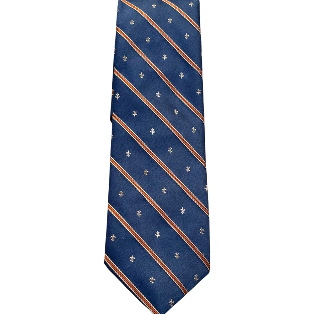 Hecht's Mens Store Vintage Navy Blue‎ Fleur-de-lis Striped Polyester Necktie 55